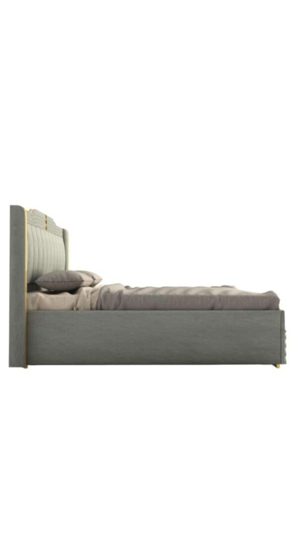 Luxury Grey Upholstered King Size Bed with Quilted Headboard & Golden Accents | Modern Bedroom Furniture with Premium Fabric Upholstery - Image 4