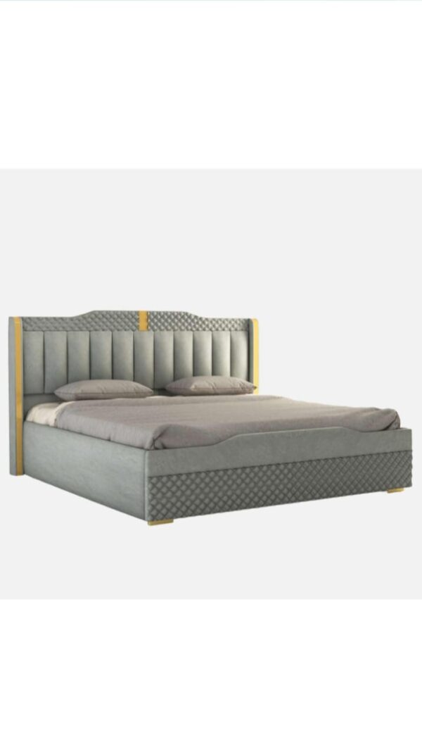Luxury Grey Upholstered King Size Bed with Quilted Headboard & Golden Accents | Modern Bedroom Furniture with Premium Fabric Upholstery - Image 3