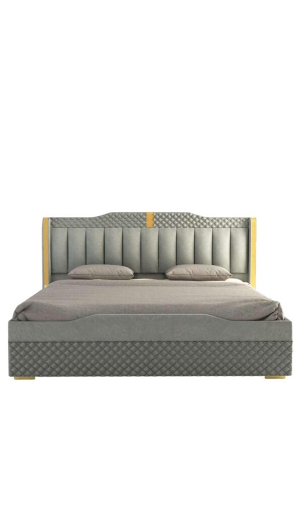 Luxury Grey Upholstered King Size Bed with Quilted Headboard & Golden Accents | Modern Bedroom Furniture with Premium Fabric Upholstery - Image 2