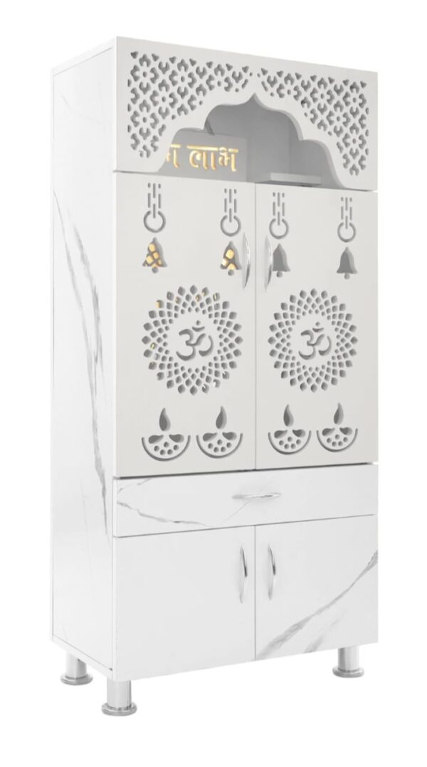 Modern White Wooden Pooja Mandir with Storage | Elegant Home Temple for Living Room & Home Decor | Designer Pooja Cabinet with Shubh Labh & Om Cutwork - Image 4