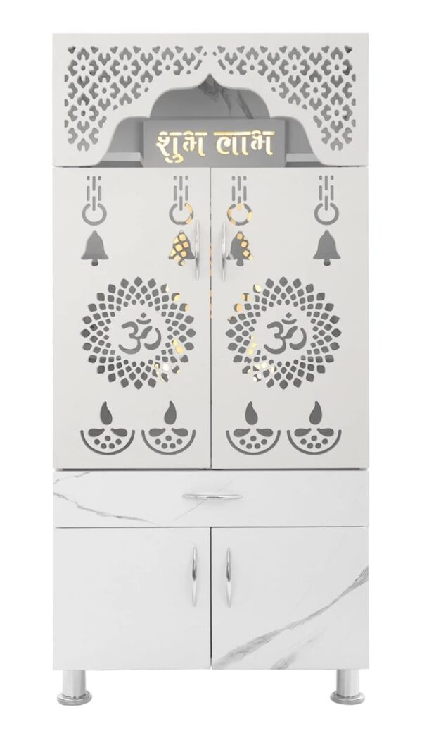 Modern White Wooden Pooja Mandir with Storage | Elegant Home Temple for Living Room & Home Decor | Designer Pooja Cabinet with Shubh Labh & Om Cutwork - Image 2