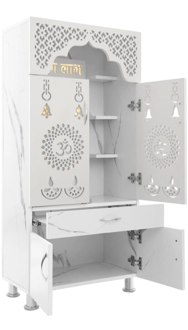 Modern White Wooden Pooja Mandir with Storage | Elegant Home Temple for Living Room & Home Decor | Designer Pooja Cabinet with Shubh Labh & Om Cutwork - Image 3