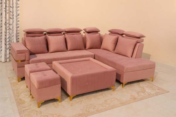 Premium Pink L Shape Sofa Set with Center Table & Ottomans | Modern Velvet 5  Seater Sofa for Living Room | Soft Cushions, Solid Wooden Frame & High-Density Foam Seating | Luxury Designer Sofa