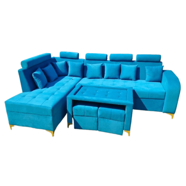 Premium Blue L Shape Sofa Set with Center Table & 2 Ottomans | Modern Velvet Upholstery 7-9 Seater Sofa for Living Room | Comfortable High-Density Foam Cushions with Wooden Frame | - Image 2