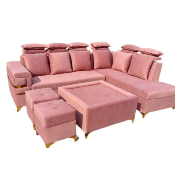 Premium Pink L Shape Sofa Set with Center Table & Ottomans | Modern Velvet 5  Seater Sofa for Living Room | Soft Cushions, Solid Wooden Frame & High-Density Foam Seating | Luxury Designer Sofa - Image 2