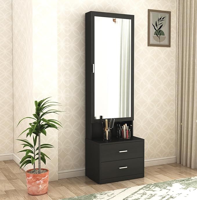 Modern Wooden Dressing Table with Full Length Mirror and 2 Drawer Storage | Space Saving Bedroom Dressing Unit in Premium Black Finish