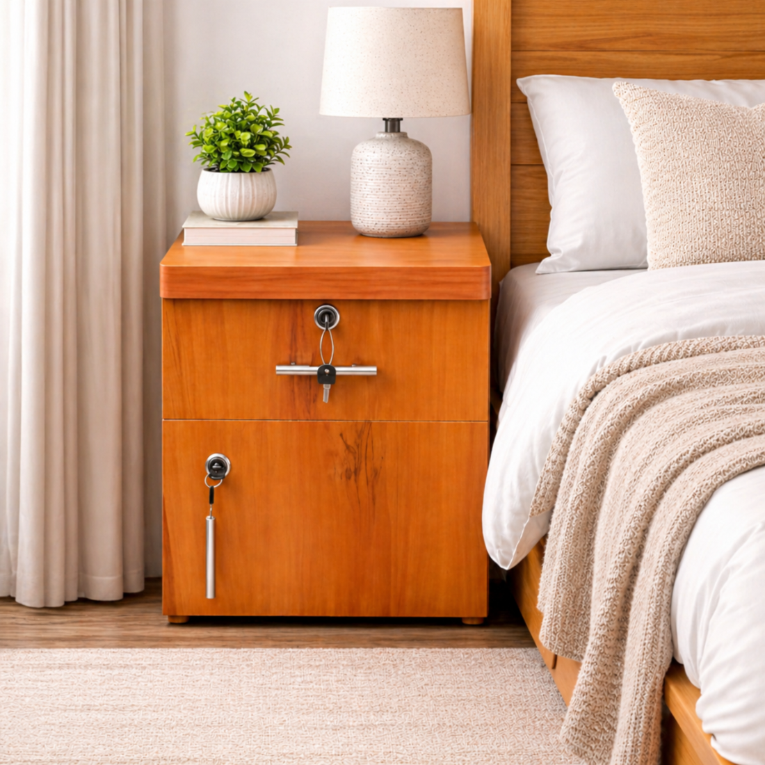 Premium Wooden Bedside Table with Lockable Drawer & Storage Cabinet | Bedroom Nightstand