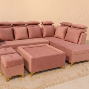 Premium Pink L Shape Sofa Set with Center Table & Ottomans | Modern Velvet 5 Seater Sofa for Living Room | Soft Cushions, Solid Wooden Frame & High-Density Foam Seating | Luxury Designer Sofa