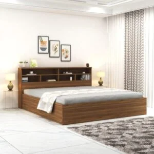 Wooden Storage Bed with Bookshelf Headboard | Space-Saving Modern Bed with Under-Bed Storage & Premium Finish – Mahakal All Furniture