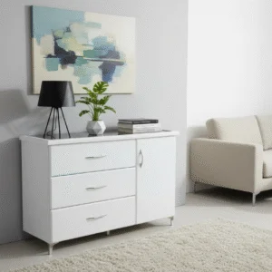 Modern White Wooden Sideboard Cabinet with 3 Drawers & 1 Door | Elegant Storage Unit for Living Room, Bedroom & Office | Premium Finish – Mahakal All Furniture